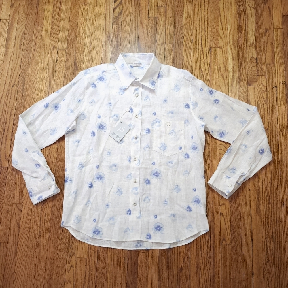 Gran Sasso Mens Linen Button Down Shirt Size 52 NEW White Floral Luxury - Picture 1 of 9